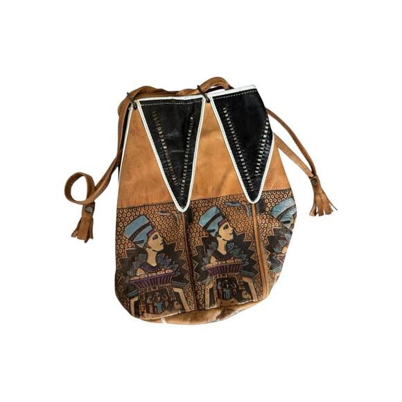 Vintage 80s 90s Handmade Leather Bucket Bag Egyptian Queen Nefertiti Print - Picture 1 of 6